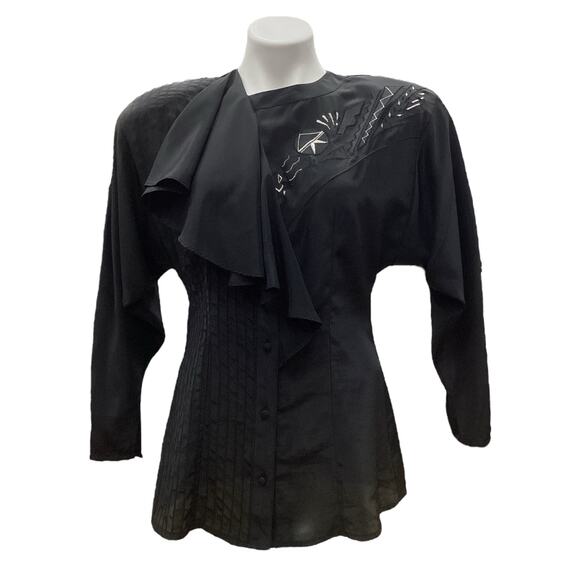 Vintage Suzelle Women’s Top SZ 4 Side Ruffle Half Embroidered Half Pleated Black - Picture 1 of 4